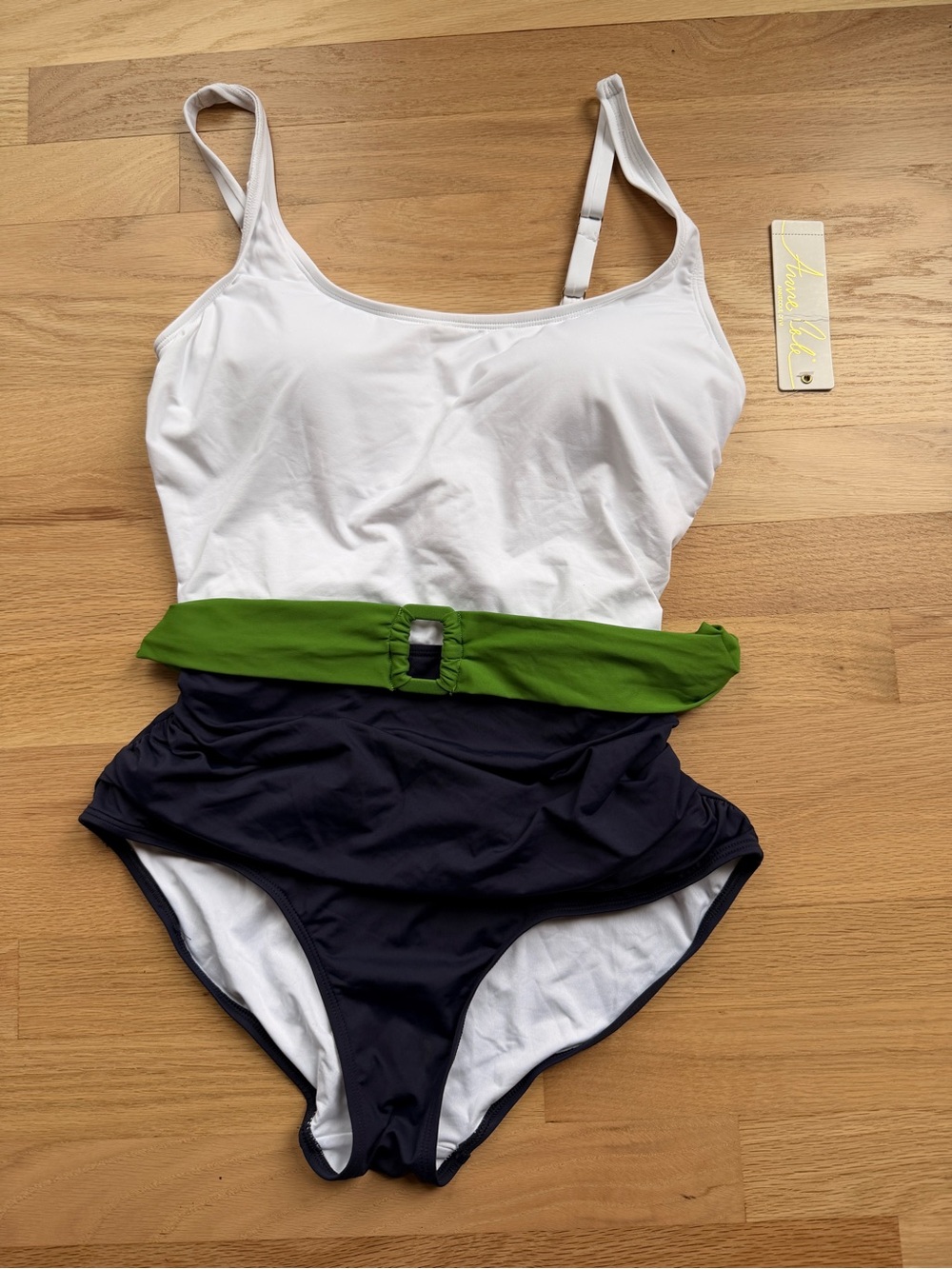 Anne Cole White, Navy & Green Belted One-Piece Swimsuit